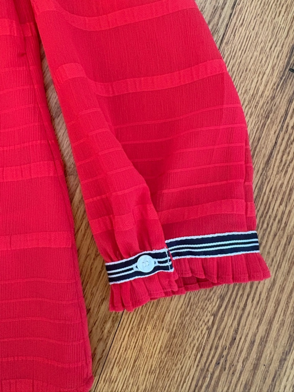 Talbots Red Textured Stripe Tie Neck Blouse Medium Nautical Trim Lined Top - Picture 4 of 10